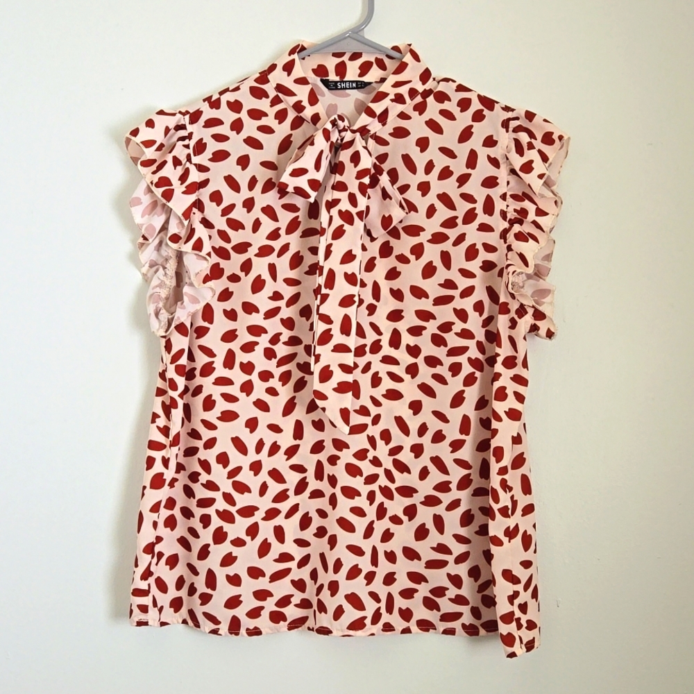 Blush Red Lipstick Dot Tie Neck Top